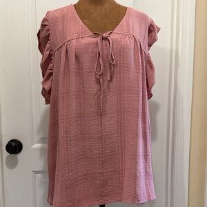 Fred David Pink Ruffle Sleeve V-Neck Blouse in Rose Lightweight and Airy